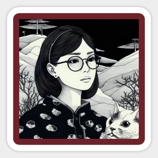 Black and white portrait of woman with cat Sticker